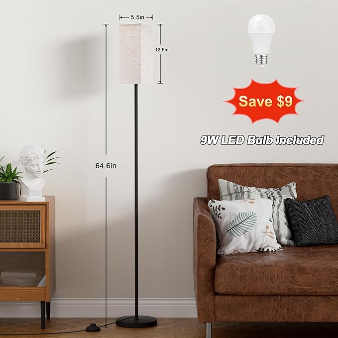 Ambimall Floor Lamps for Living Room & Remote Control, 9W Stepless Dimmable Bulb, Foot Switch, 64'' Tall Standing Lamp, Beige Lampshade(Black)