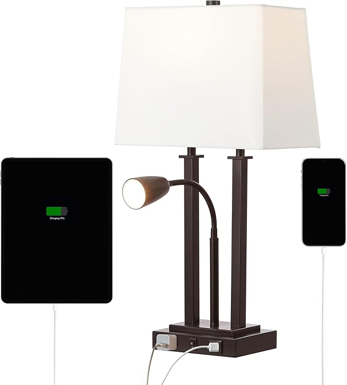 JONATHAN Y JYL1144A Blaire 23.75" 2-Light Modern Farmhouse Metal LED Table Lamp with USB Charging Port for Bedroom, Living Room, Office, Adjustable Reading Light and AC Outlet, Oil Rubbed Bronze
