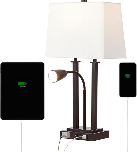 JONATHAN Y JYL1144A Blaire 23.75" 2-Light Modern Farmhouse Metal LED Table Lamp with USB Charging Port for Bedroom, Living Room, Office, Adjustable Reading Light and AC Outlet, Oil Rubbed Bronze