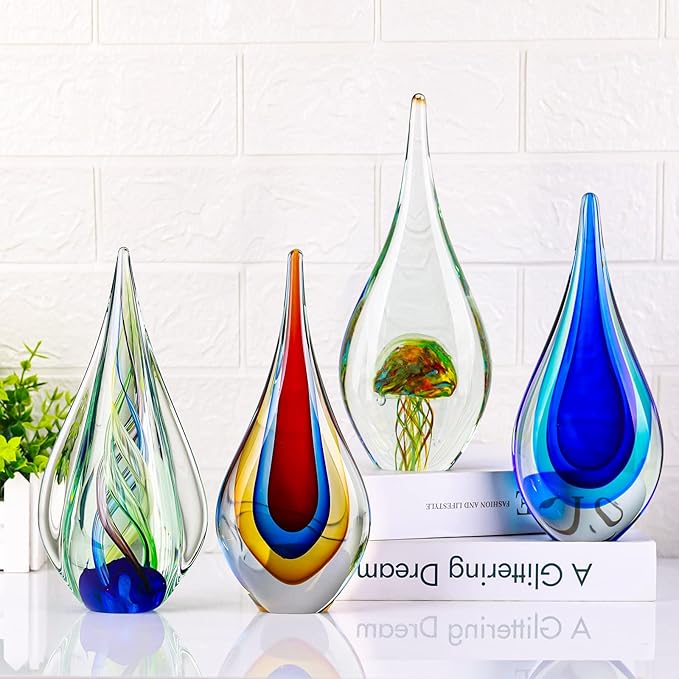 9" Tall Sculpture Hand Blown Glass Decor, Paperweight for Office Desk, Modern Glass Art Figurines Mediterranean Beach House Decor, Living Room Coffee Shelves Table Top Decoration (Red)