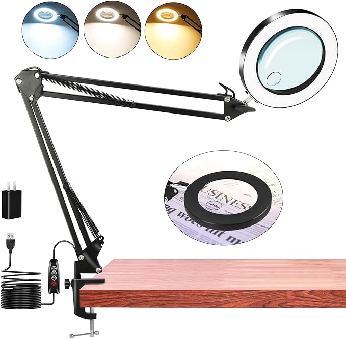 15X &10X magnifying glass with light and stand, 4.3" Real Glass lighted magnifying glass with Clamp, Adjustable Arm Magnifying Lamp, 3 Color Modes Stepless Dimmable Desk Lamp Hands Free for Close Work