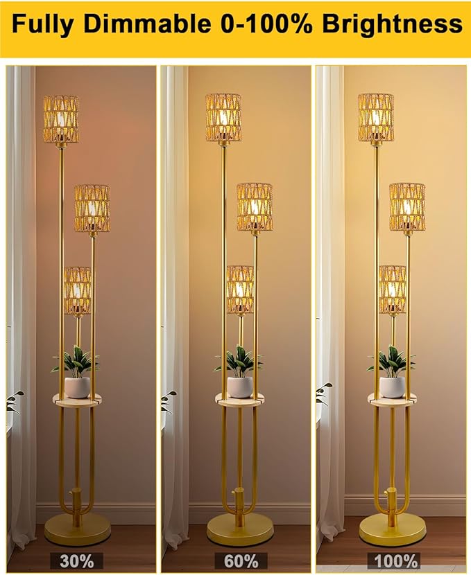 Lightdot Dimmable Boho Floor Lamps for Living Room, 3-Lights Rattan Floor Lamp with Shelves, 3000K Warmwhite Farmhouse Floor Lamp Candle Holder Style, Rustic Gold Standing Lamp with Bulbs Included