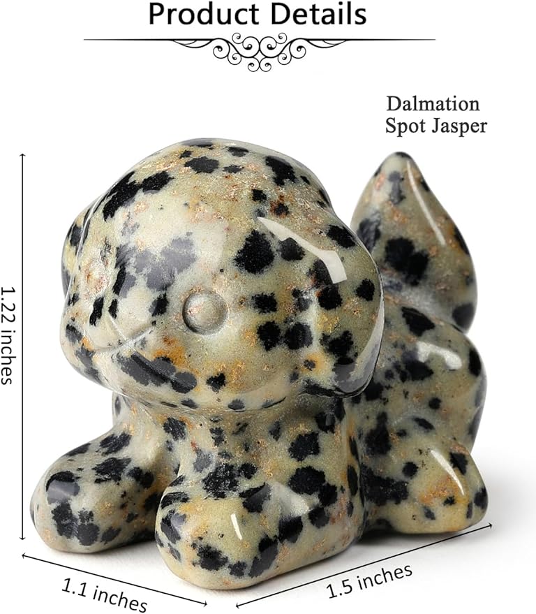 Jovivi Natural Dalmation Spot Jasper Crystal Lying Dog Statue Home Decor Carved Mini Gemstone Puppy Dog Figurines Pocket Sculpture Reiki Healing Stones Decorative Ornament Gift
