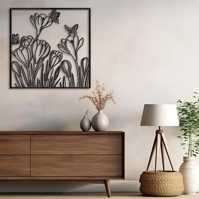 SIGNLEADER Metal Wall Art Decor Butterflies and Wildflowers Minimalist Modern Abstract Wall Sculpture Hangings Home Decoration for Living Room, Bedroom, Bathroom, Kitchen, Outdoor - 18" Black