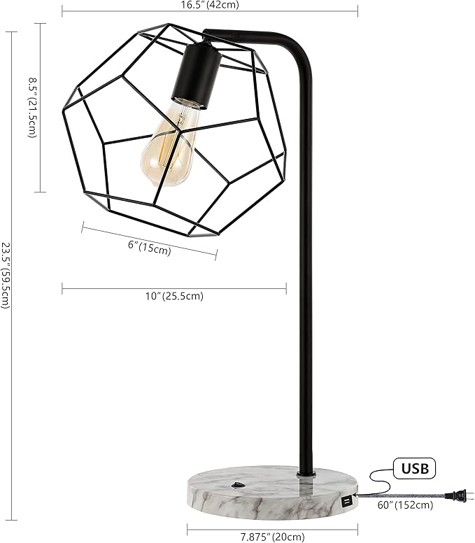 JONATHAN Y JYL1132A Penta 23.5" Industrial Farmhouse Head-Adjustable Iron LED Task Lamp with USB Charging Port Contemporary, Modern Bedside Desk Nightstand Lamp, Black