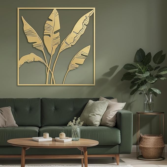 SIGNLEADER Metal Wall Art Decor Banana Leaves Minimalist Modern Abstract Wall Sculpture Hangings Home Decoration for Living Room, Bedroom, Bathroom, Kitchen, Outdoor - 18" Gold