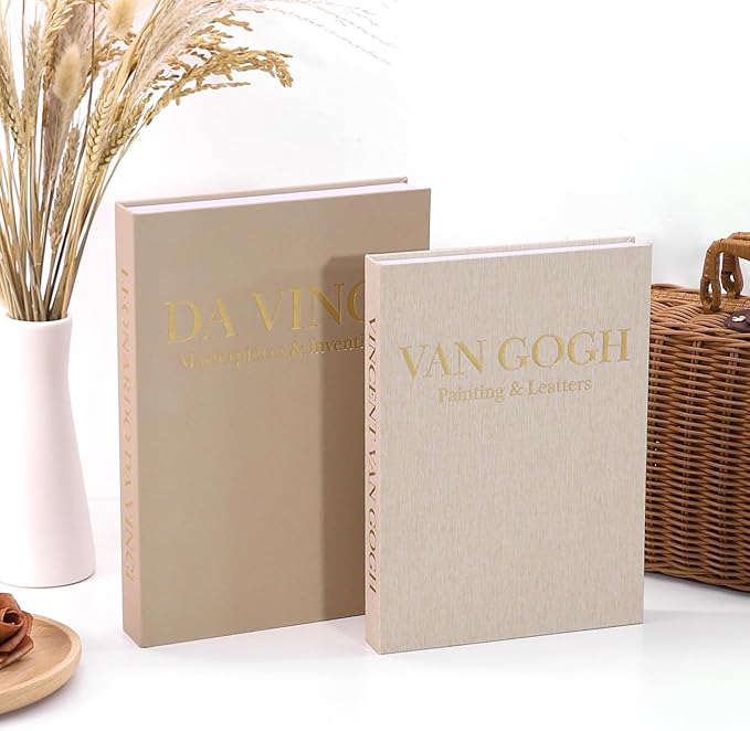 Premium Decorative Books - Set of 2 - Linen Storage Box for Coffee Table Faux Decor Boxes for Bookshelf Fake Books for Decoration for Living Room - Modern Home (Beige & Camel)