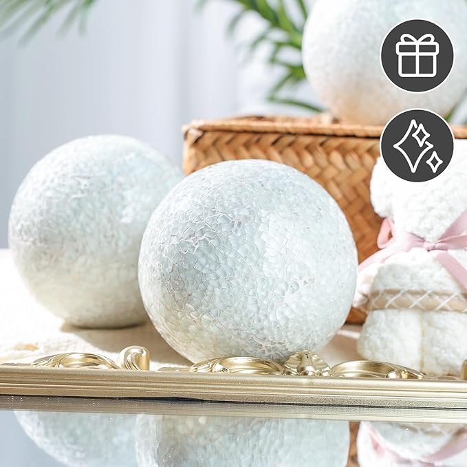 DomeStar 3PCS Decorative Balls for Bowls, 4 Inch White Orbs Glass Balls for Centerpiece Bowls Mosaic Sphere for Home Decoration Dining Table