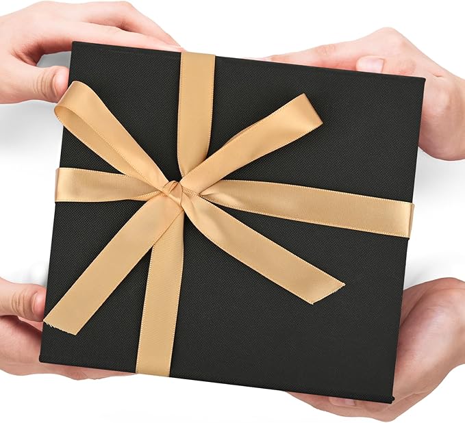 LIFELUM Small Black Gift Box 8 x 7 x 3 inch, Sturdy Gift Box with lid Magnetic Closure for Gift Include Greeting Cards,Ribbon,Shredded Paper Filler for Presents (1 Pcs)