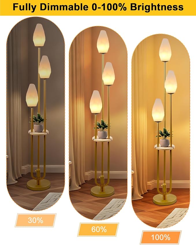 Lightdot Floor Lamp with Tray, 3-Lights Dimmable Floor Lamps with Rock-Shaped Shade, Unique Candle Holder Style Gold Modern Tall Lamp for Living Room/Party(Bulbs Included)