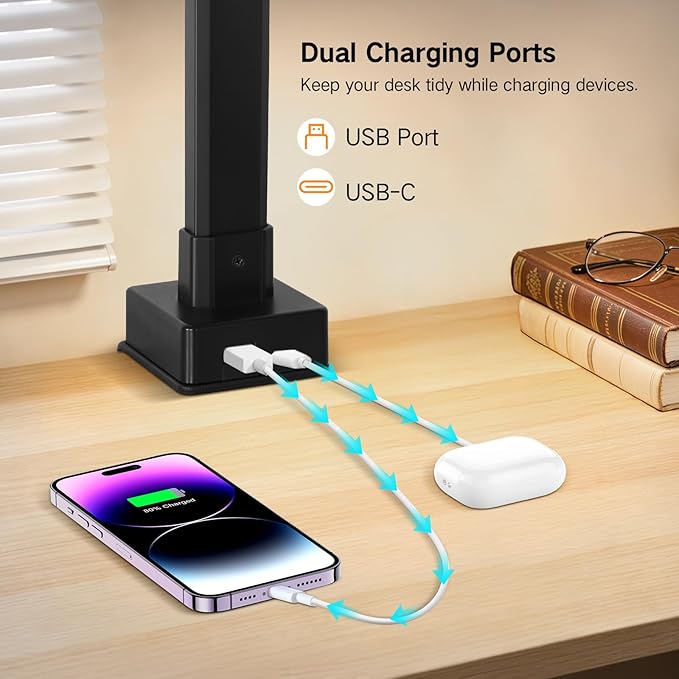 OUTON 29.5" LED Desk Lamp with Clamp, USB-A & USB-C Ports, Touch & Remote Control, 5 Color Temperatures, Stepless Dimming, Timer & Memory Function, 24W Eye-Care Monitor Light for Home Office & Study