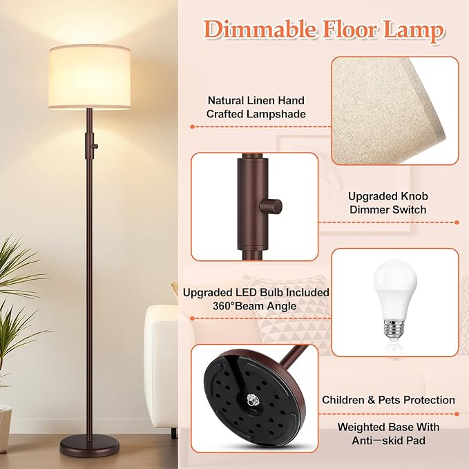 Yemela 【Upgraded】 Dimmable Floor Lamp, 1000 Lumens LED Bulb Included, Modern Floor Lamps for Living Room, Standing Lamp with Linen Shade, Tall Lamp for Bedroom Office Dining Room- Brown