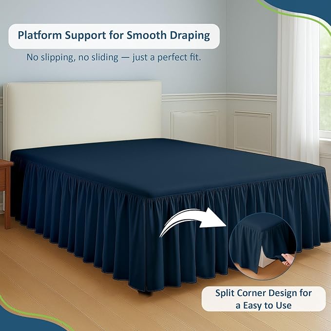 Rajlinen Ruffled Bed Skirt Twin, 12 Inch Drop Dust Ruffle with Split Corners, 100% Microfiber Bedskirt with Platform, Three-Sided Coverage Ruffled Gathering Design, Navy Blue