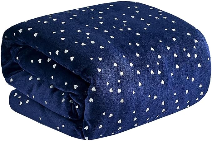 NANPIPER Fleece Blanket Heart Foil Print, Soft Lightweight Microfibe, All Season Premium Fluffy Throw for Sofa/Couch, Twin Size 65"x80" Navy Blue
