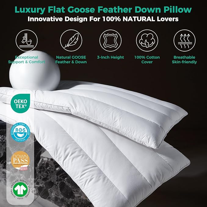 Three Geese Luxury Thin Flat Goose Feather Down Pillows Standard Size Set of 2, 3" Height, 100% Cotton Cover, Medium Firm Hotel Collection Ultra Slim Thin Bed Pillows, Machine Washable, 18 x 26 Inches
