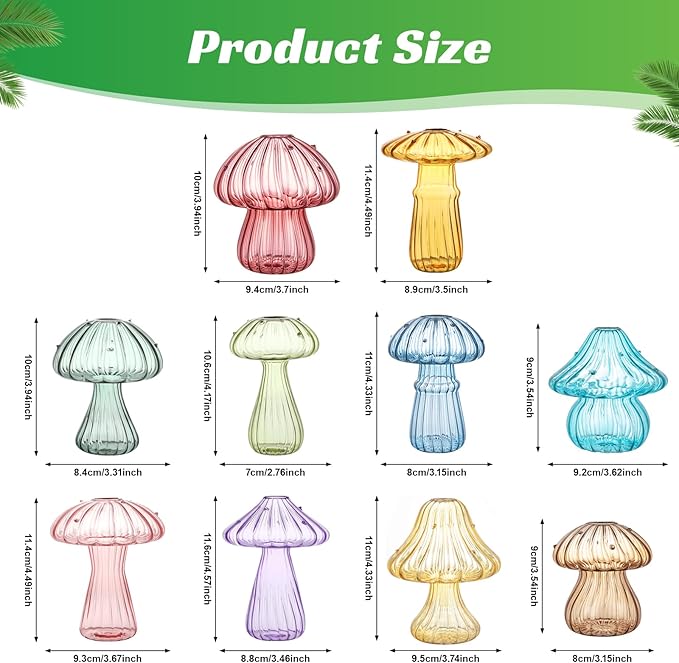 Mushroom Glass Vases for Indoor Plants, Set of 10 Colored Plant Propagation Stations, Cute Mini Terrarium, Unique Small Hydroponic Pots for Flowers, Decor Vase Gifts for Women