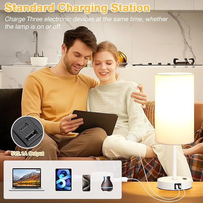 Dicoool Touch Bedside Table Lamp with USB - 3 Way Dimmable White Lamp for Bedroom Nightstand, Desk Lamp with Charging Station for Dorm, Office, Kids Room, Living Room
