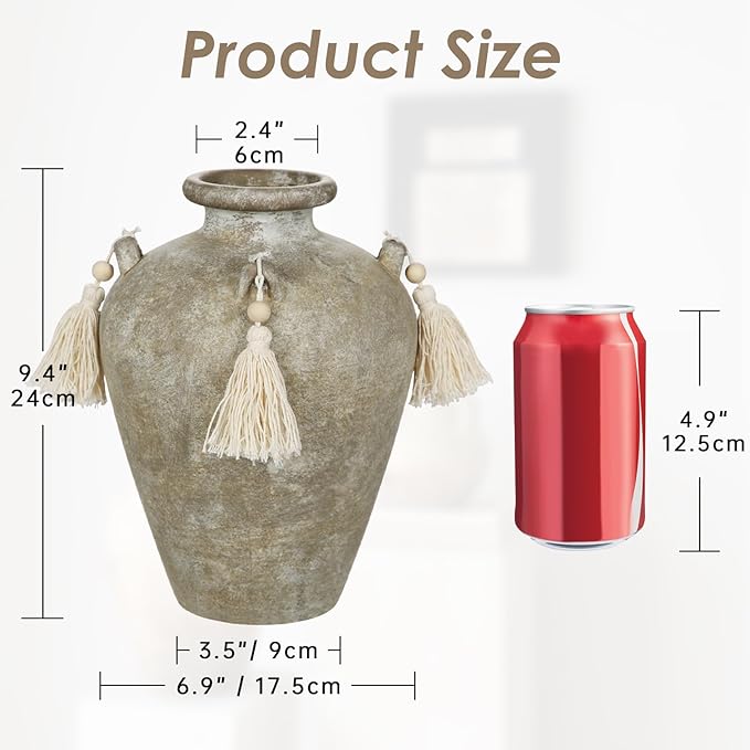 Large Decorative Ceramic Vase with Tassels, 9.4" Boho Flower Vase with Handles, Textured Rustic Farmhouse Vases for Home & Office Decor, Table Centerpiece, Living Room, Entryway, Wedding, Party Decor