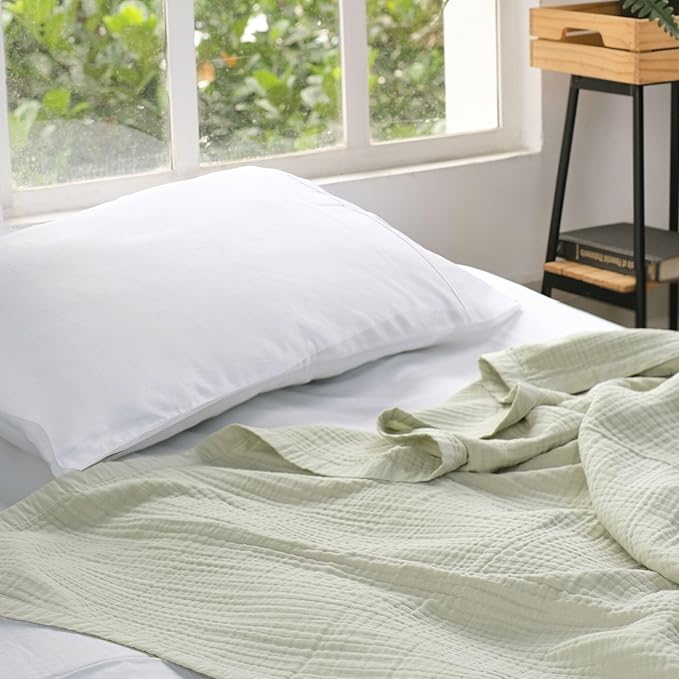Salt Earth 100% Cotton Muslin Throw Blanket, 55"X75" Twin 4 Layered Gauze Blanket Throw for Couch, Bed, Living Room, Home, Light Christmas Blankets and Throws for Christmas Gifts (Sea Foam)
