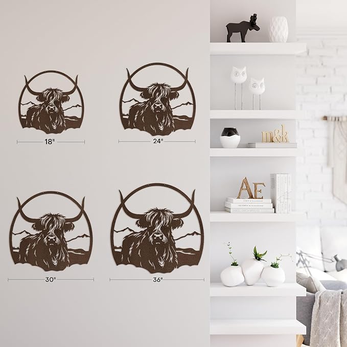 SIGNLEADER Metal Wall Art DecorHighland Cow with Mountain Minimalist Modern Abstract Wall Sculpture Hangings Home Decoration for Living Room, Bedroom, Bathroom, Kitchen, Outdoor - 18" Bronze