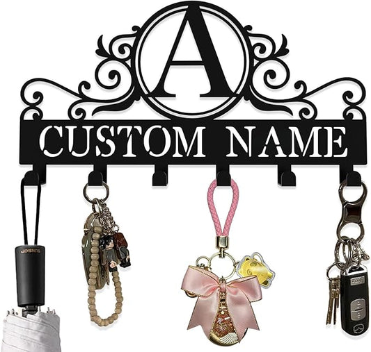 10" Custom Metal Key Rack Hooks, Personalized Key Holder for Wall,Name Background Letter Theme Wall Decoration key Hooks, Key Hanger Organizer for Living Room, Entryway, Bathroom, Kitchen Decor