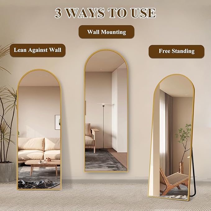 Full Length Mirror with Stand, Gold Arched Full Body Mirror, Aluminum Alloy Thin Frame - Freestanding/Leaning/Wall Mount for Bedroom, Living Room & Entryway