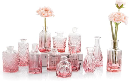 Valentine's Day Pink Glass Bud Vases Set of 12, Vintage Mini Vases for Centerpieces, Glass Bud Vase in Bulk for Wedding Decor, Single Flowers, Office and Home Table Flower Décor