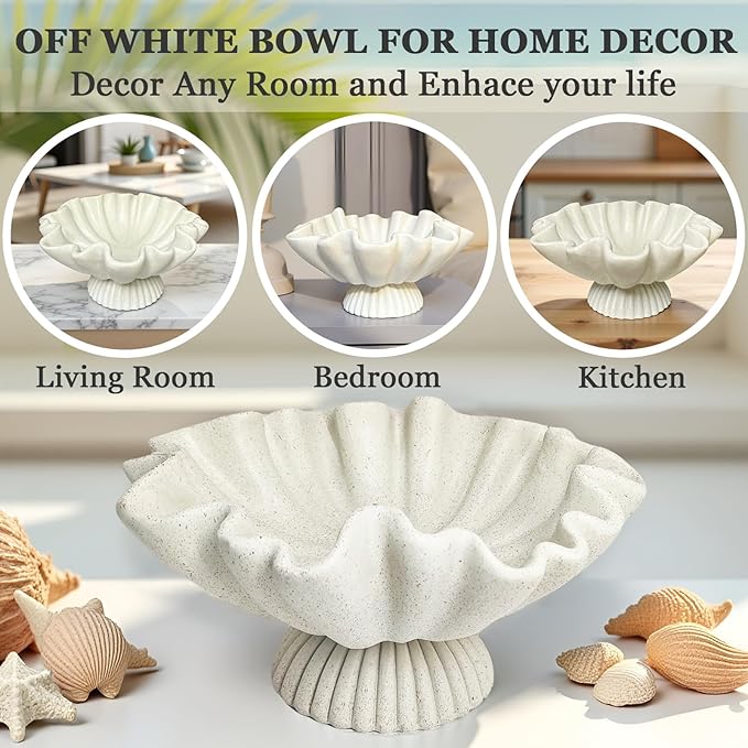 Scalloped Ruffle Decorative Bowl for Home Decor - Large Resin Pedestal Bowl - 10" Key and Purse Bowls for Entryway Table, Artificial Coastal Decor Light Beige