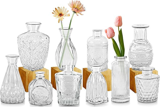 Bud Vases,IJRPLM Set of 10 Glass Bud Vases in Bulk,Small Vases for Centerpieces,Clear Vases Bulk Mini Vases for Flowers,Vintage Bud Vases for Home Table Flower Décor Rustic Wedding Decorations