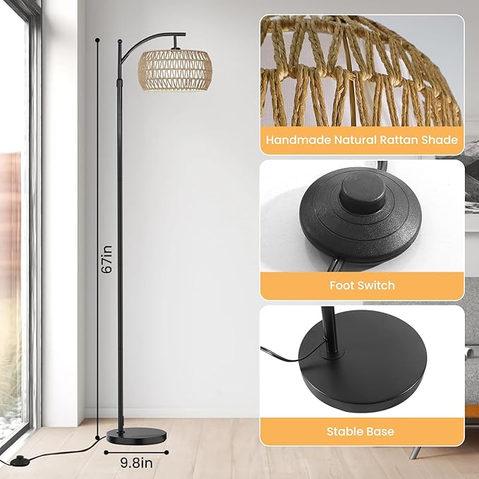Yusist Arc Floor Lamp for Living Room,Farmhouse Floor Lamps with Remote Control & Dimmable Bulb, Boho Rattan Tall Standing Lamp for Bedroom Office