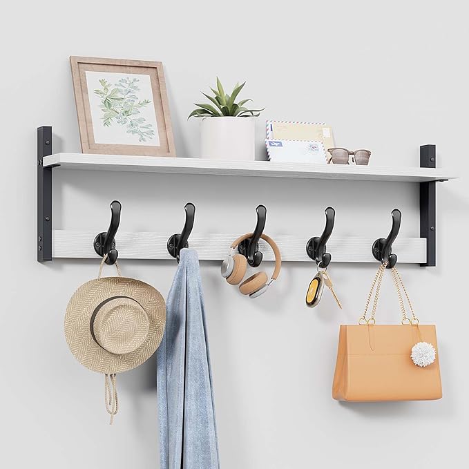 Tatub 29" Coat Rack Wall Mount with Shelf, Entryway Wall Hooks with Shelf, Coat Hangers for Bathroom, Living Room, Bedroom, Rustic White