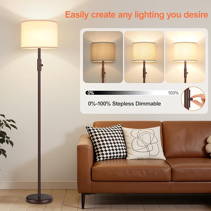 Yemela 【Upgraded】 Dimmable Floor Lamp, 1000 Lumens LED Bulb Included, Modern Floor Lamps for Living Room, Standing Lamp with Linen Shade, Tall Lamp for Bedroom Office Dining Room- Brown