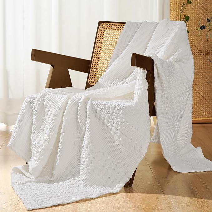 PHF 100% Cotton Waffle Weave Throw Blanket, Soft Lightweight Breathable Cozy Throws for Couch Bed Sofa, 300 GSM Luxury Aesthetic Blanket Gift for Home Decor & Office, 50"x60", White