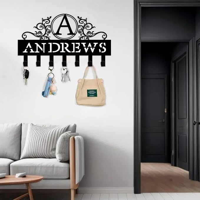 Custom Key Holder for Wall Personalized Metal Key Hook Key Organizer Rack Key Hanger Home Decor for Entryway, Garden, Bathroom, Kitchen, Garage (Monogram)