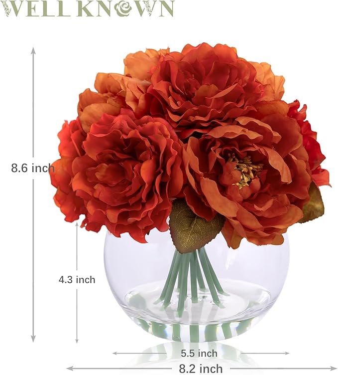 Artificial Flowers in Vase, Silk Peonies Flowers for Vase with Faux Water, Burnt Orange Fake Flower Arrangement for Winter Spring Dinning Wedding Birthday Party Table Centerpieces Decor & Mom's Gift