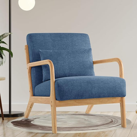 Aunekiv Accent Chair with Pillow Upholstered Mid-Century Chair Living Room Chair for Small Space Solid Wood Frame Reading Chair with Soft and Thick Cushion Armchair for Bedroom Balcony Blue 1PC