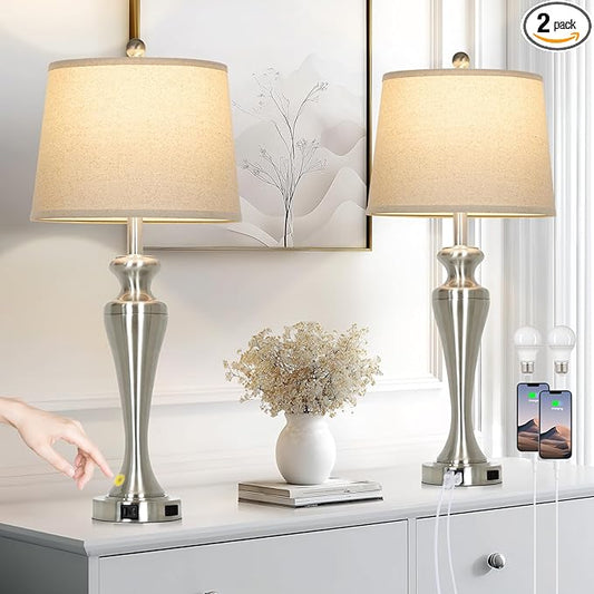 30" Table Lamps Set of 2, 3-Way Dimmable Touch Bedside Lamp with USB A+C Ports and AC Outlet, Tall Living Room Lamps for Side Table, Modern Brushed Nickel Bedroom Lamp for Nightstand, Silver