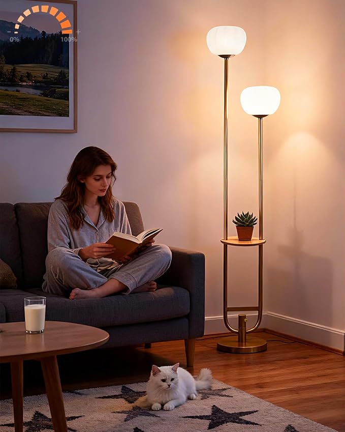 Lightdot 63IN Gold Floor Lamp Dimmable Standing Lamps with 2 Pumpkin Lampshades& Warm White LED Bulbs, Unique U-Pole Mid Century Modern Tall Lamp for Living Room/Bedroom/Wedding/Party