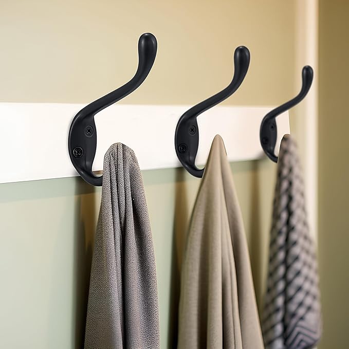 Coat Hooks 20 Pack - Heavy Duty Wall Mounted Matte Black Double Hooks for Hanging Clothes/Towels - Sturdiness Design with Better Mounting System