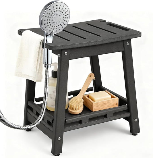 HDPE Shower Bench Seat for Shaving Legs, Waterproof Shower Stool with Storage Shelf for Bathroom, Black