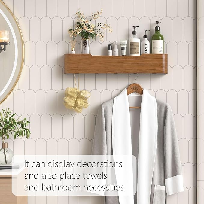 Coat Rack Wall Mount with Hidden Hooks Modern Key Holder Wood Entryway Hook with Shelf for Bedroom Kitchen Hallway Bathroom Designed for Hanging Coats Hats Bags Towel Dog Leashe(Walnut,5 Hooks)