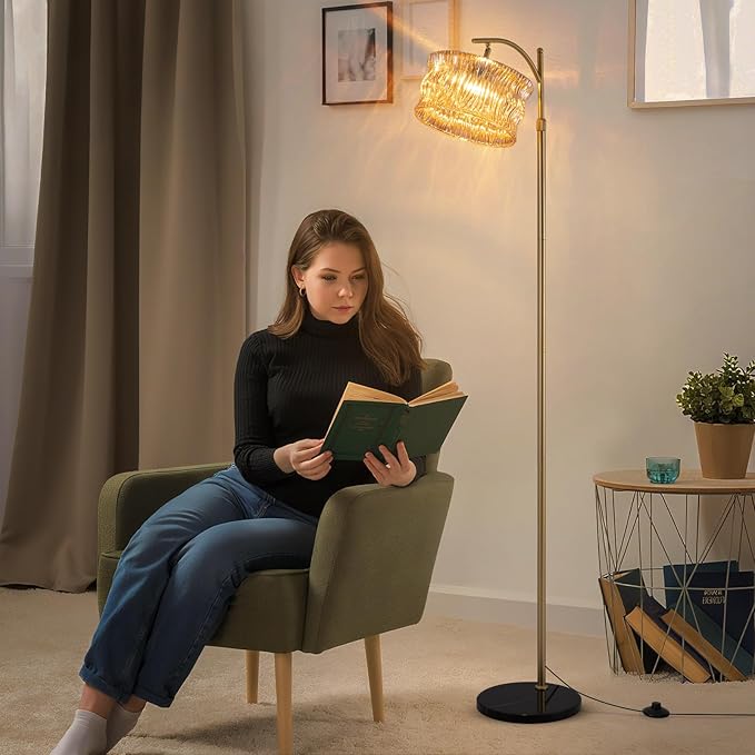 JERANDO Vintage Gold Floor Lamp for Living Room, Amber Glass Lampshade Modern Standing Lamp with Remote, Mid Century Dimmable Tall Lamp for Bedroom, Study Room (Bulb Included)