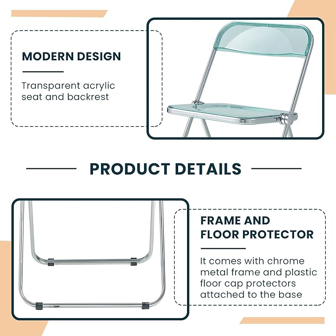 LeisureMod Lawrence Modern Clear Acrylic Folding Chair with Metal Frame, Space-Saving Transparent Seating for Dining Room, Home Office, Bedroom, Vanity or Small Spaces, (Jade Green, Singles)