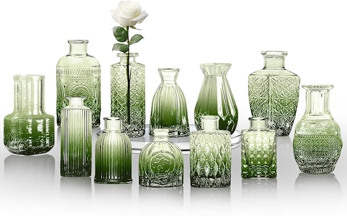 KUAGUINZUHE 12 Pcs Glass Bud Vase Set, Small Green Vintage Flower Vases for Wedding Centerpieces in Bulk, Mini Embossed Vases for Home Table Decor, Party, Baby Shower Decorations