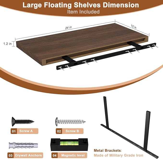 12 Inch Deep Floating Shelves for Wall 2 Pack Floating Shelfs Large Storage Space Wall Decor Display Shelf for Bathroom Living Room Bedroom Kitchen 23.8" W x 12" D x 1.2" H Walnut