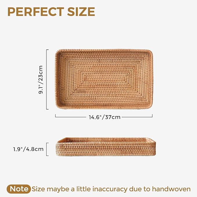 Rattan Serving Tray, Woven Wicker Rectangle Tray Shallow Basket for Organizing, Rattan Baskets for Coffee Table, Kitchen Counter, Bathroom, Organizing and Storage (14.6 x 9.1 inch)