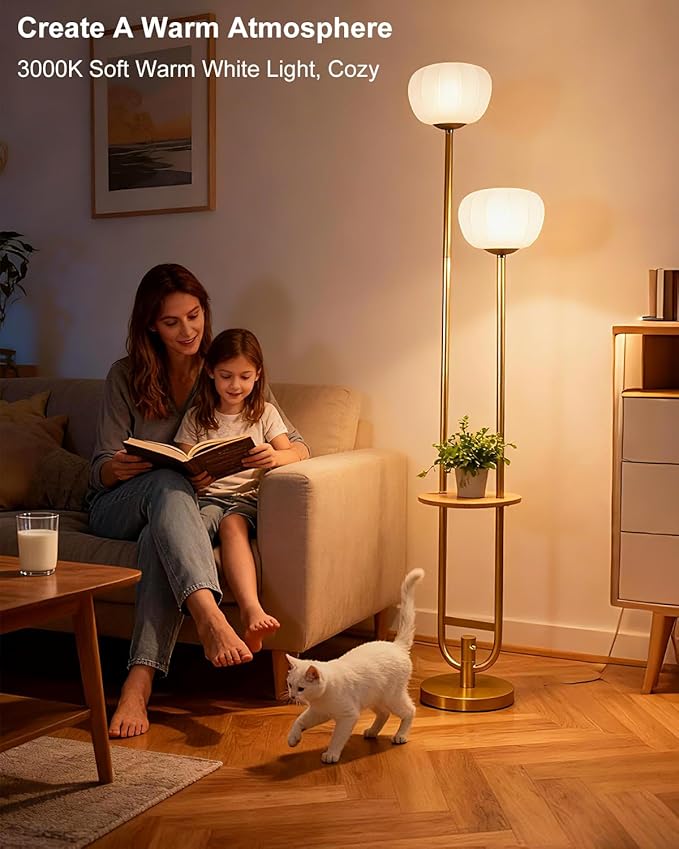 Lightdot 63IN Gold Floor Lamp Dimmable Standing Lamps with 2 Pumpkin Lampshades& Warm White LED Bulbs, Unique U-Pole Mid Century Modern Tall Lamp for Living Room/Bedroom/Wedding/Party