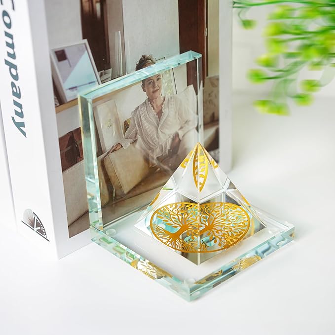 1 Pair Modern Crystal Bookends for Shelves,Tree of Life Crystal Pyramid Design,Non-Skid Book Holder,Heavy Duty Decorative Book Stopper,3.5 * 3.5 * 4''