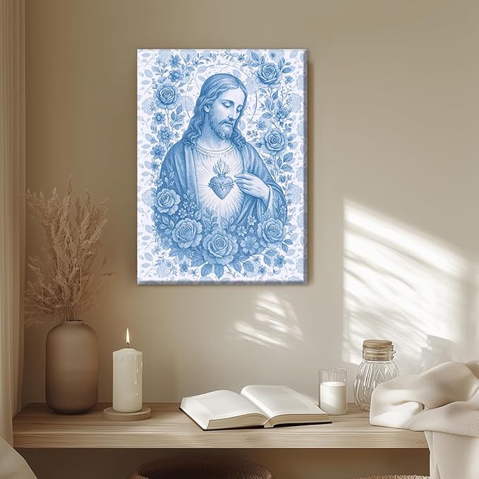 Blue Sacred Heart of Jesus Canvas Wall Art Divine Mercy Wall Decor Jesus Portrait Pictures Catholic Artwork Christian Religious Poster Prints for Bedroom Living Room Prayer Room Church 16x24in