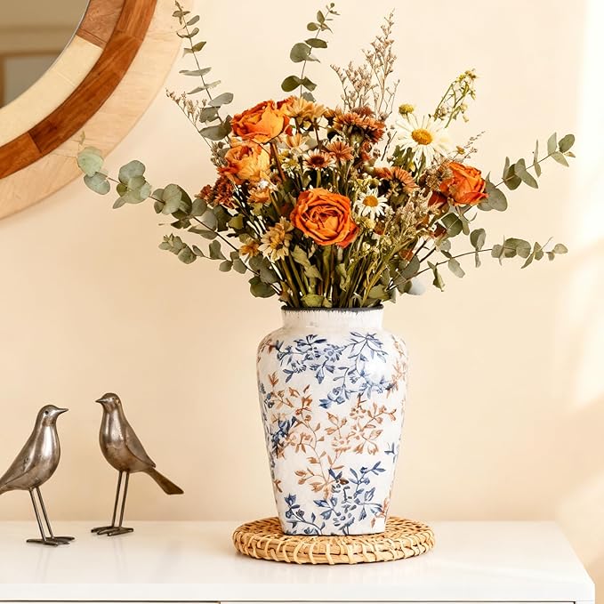 Blue and White Vase, Ceramic Chinoiserie Vase for Home Decor, Vintage Blue Floral Porcelain Vases, Farmhouse Pottery Flower Vase for Living Room Kitchen Table Shelf Mantel, Blue and White Decor Accent